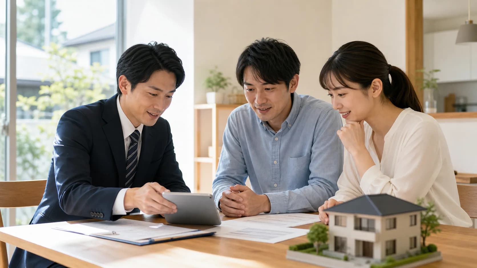 不動産担当者と相談者が住宅資料を見ながら無料相談をしている様子